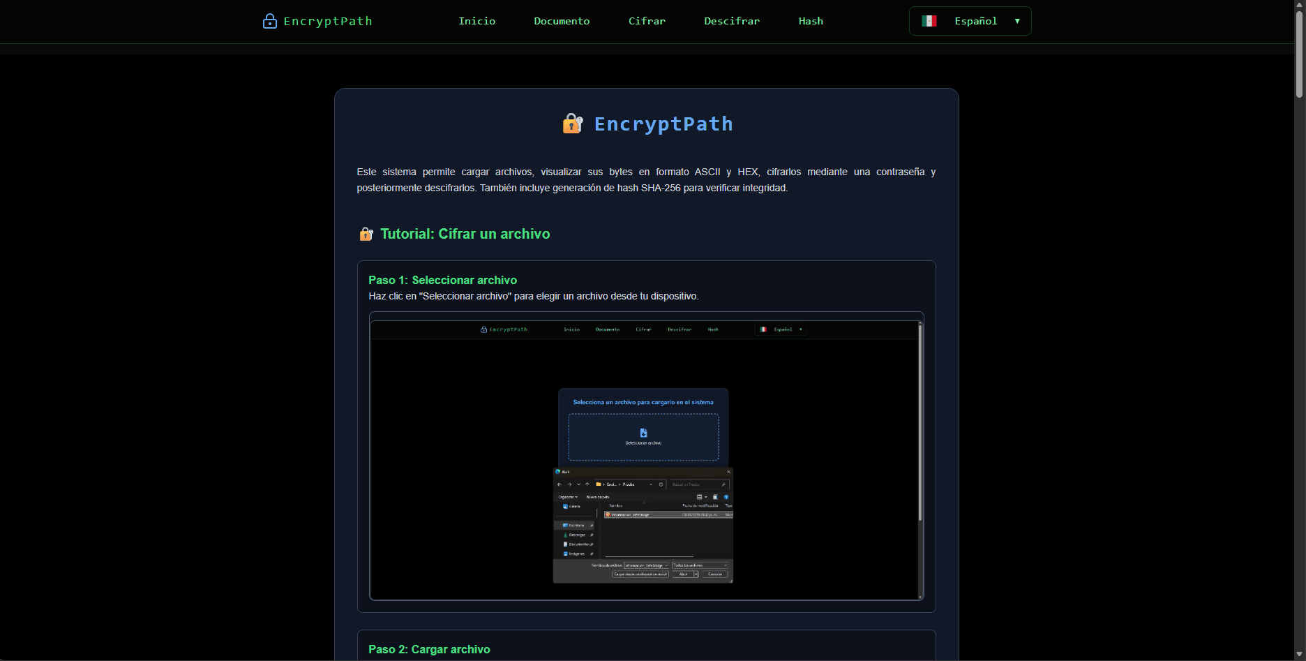 EncryptPath: Web platform for file encryption, decryption, hashing, and hexadecimal analysis